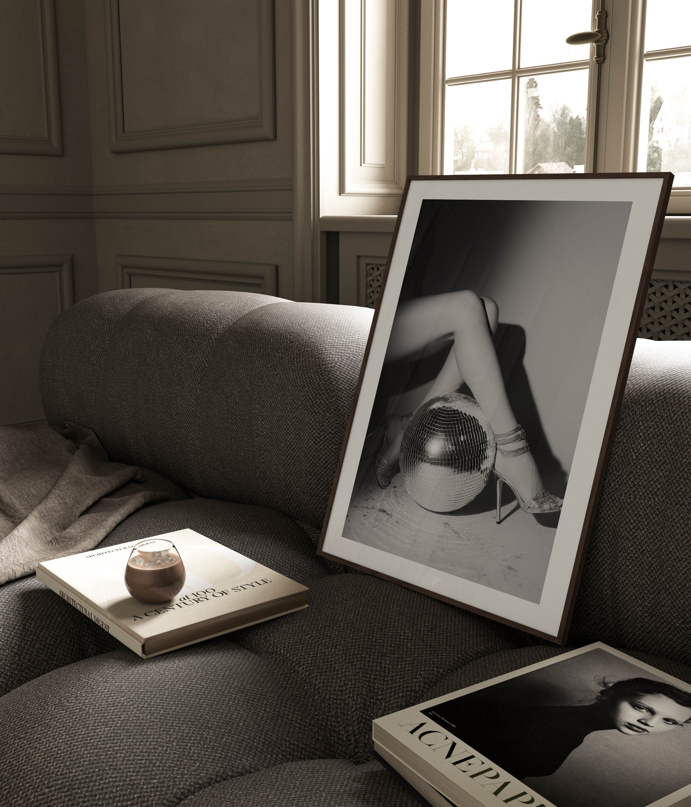 Bring the party home with this glamorous black-and-white fine art print featuring glittering heels and a disco ball. Perfect for bold, stylish interiors.