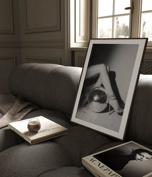 Bring the party home with this glamorous black-and-white fine art print featuring glittering heels and a disco ball. Perfect for bold, stylish interiors.
