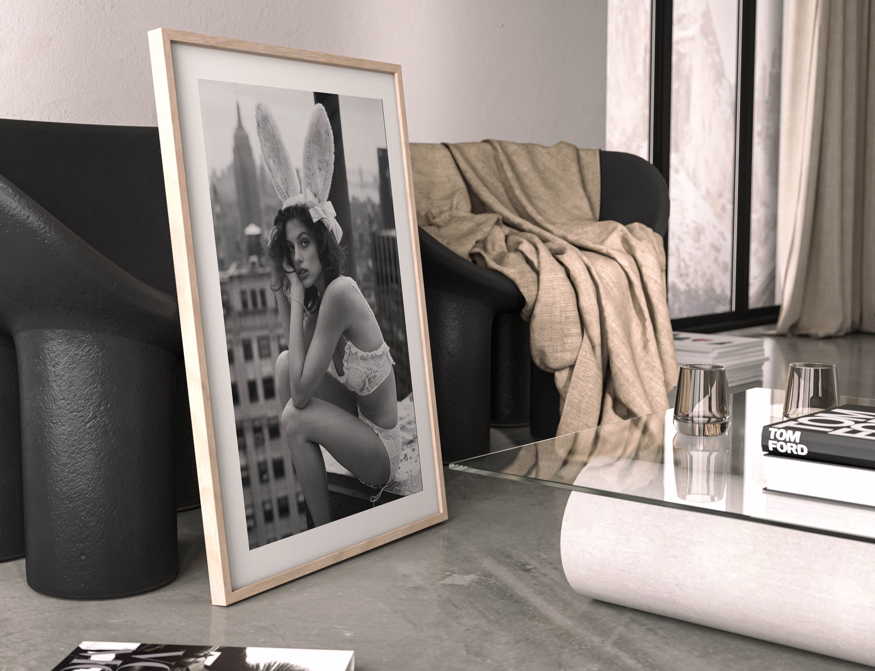 black and white poster of a playboy model on a new york rooftop, wall art, home decor
