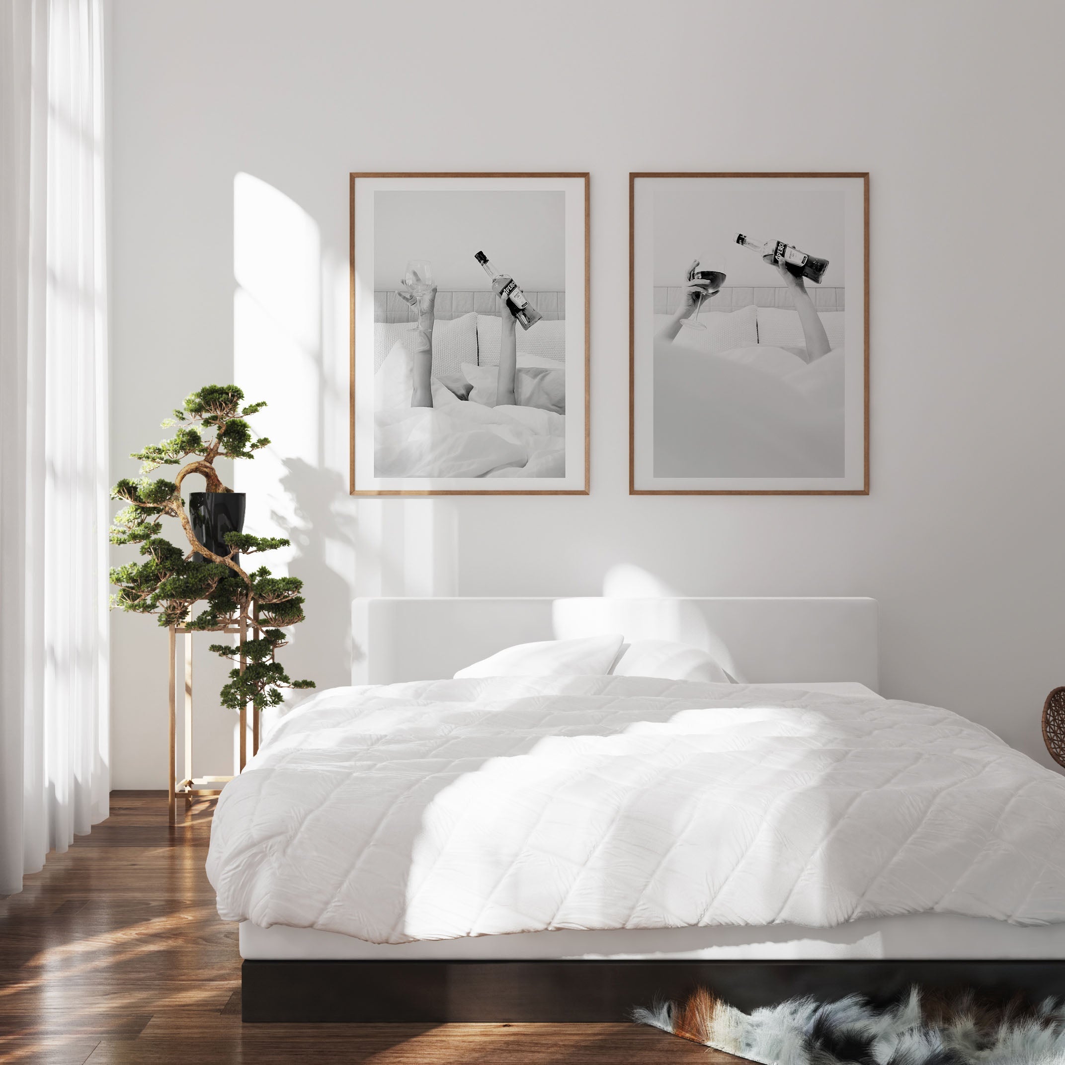  black and white poster of a woman drinking aperol in bed poster, home decor