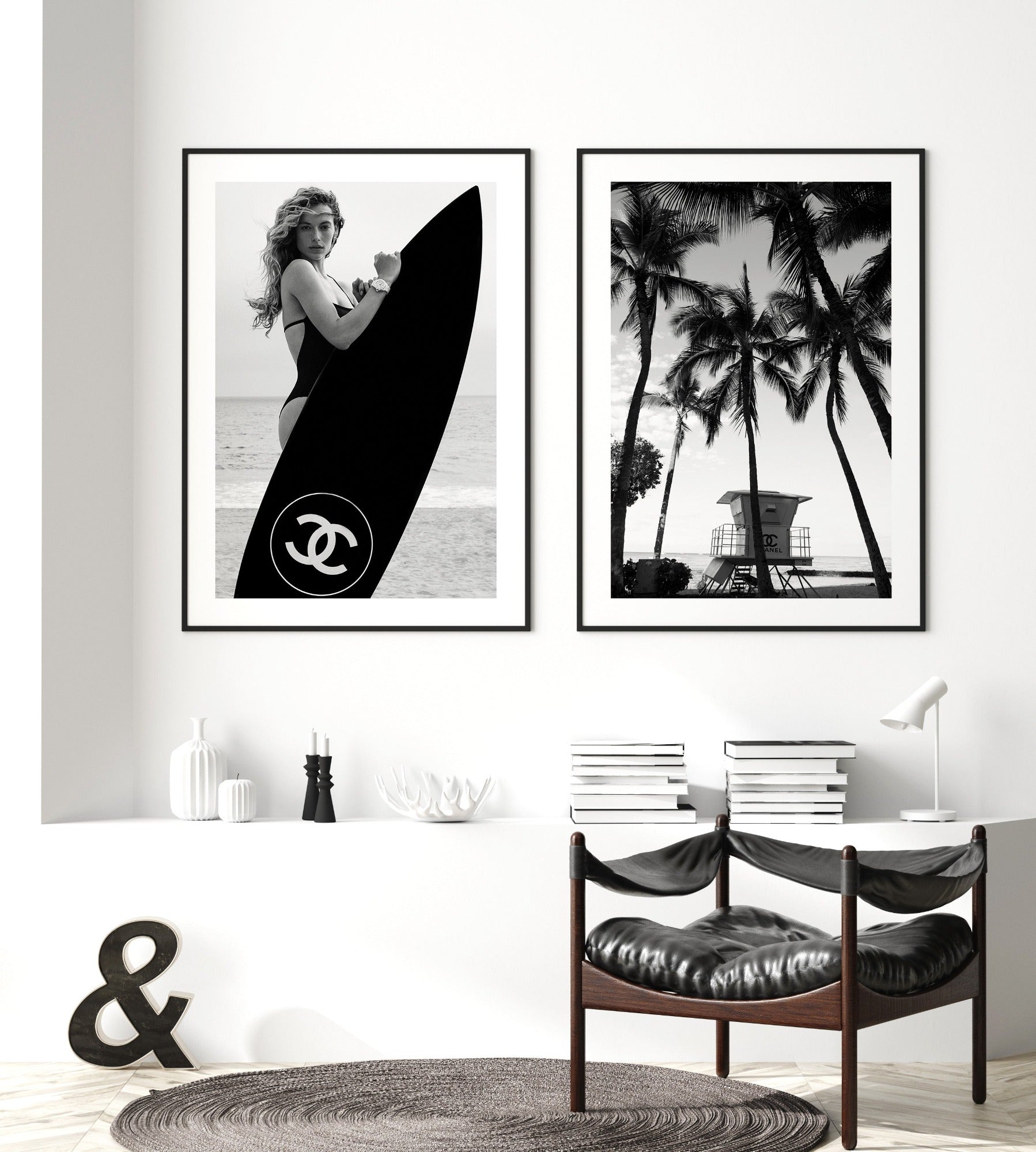 black and white poster of a woman holding a chanel surfboard