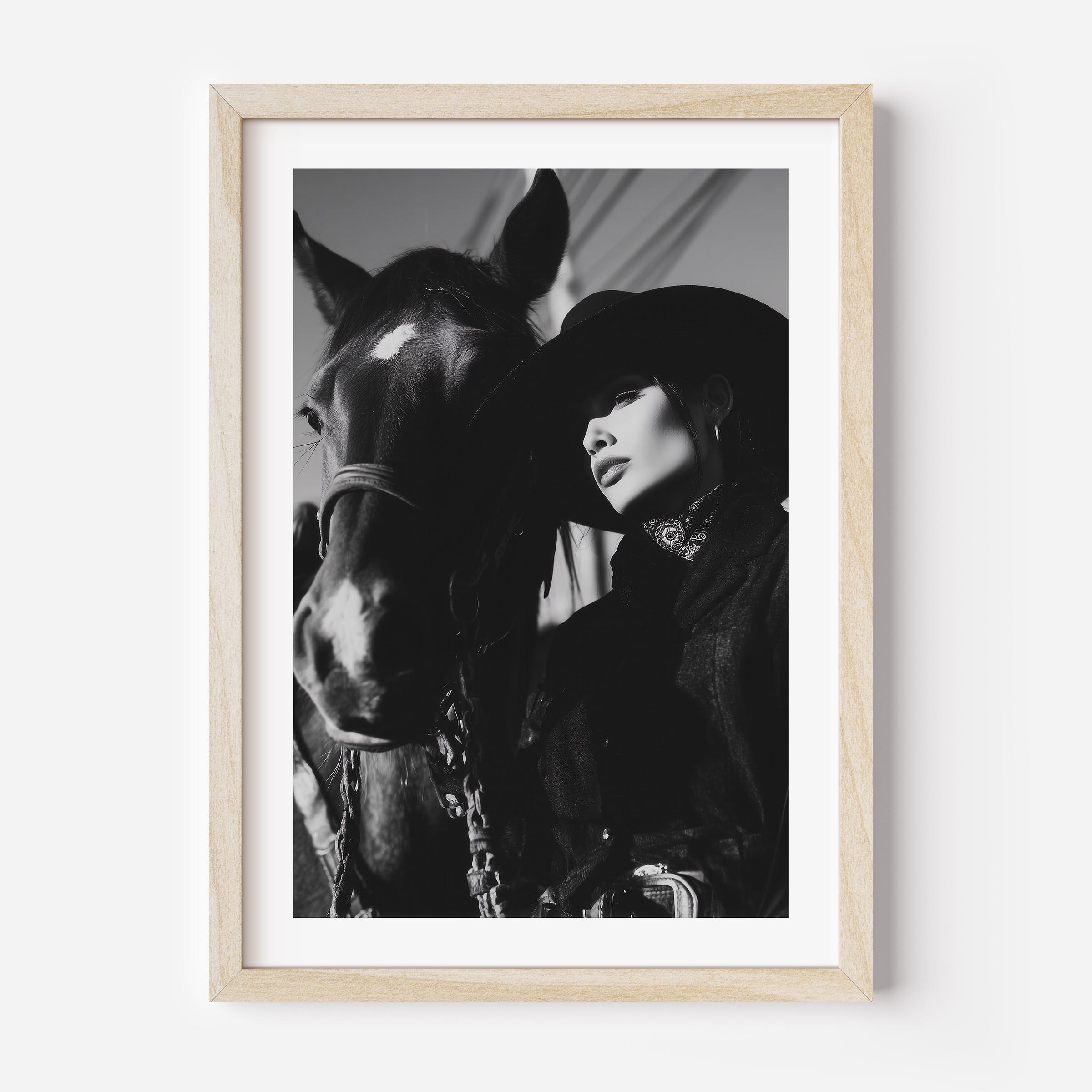 Elevate your space with Shadows of the West, a dramatic black-and-white cowboy and horse portrait. A timeless fine art print for western and equestrian enthusiasts.