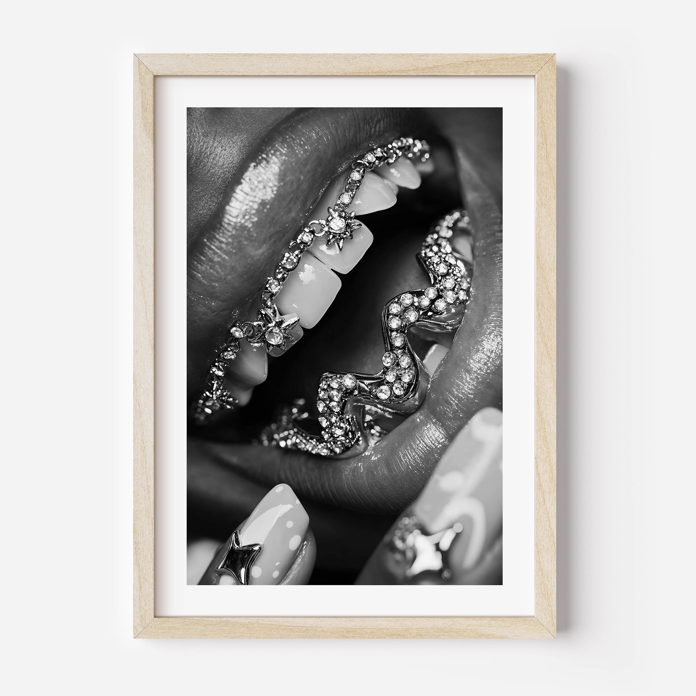 black woman with diamond teeth, black and white fine art print, wall decor, interior design, wall art.