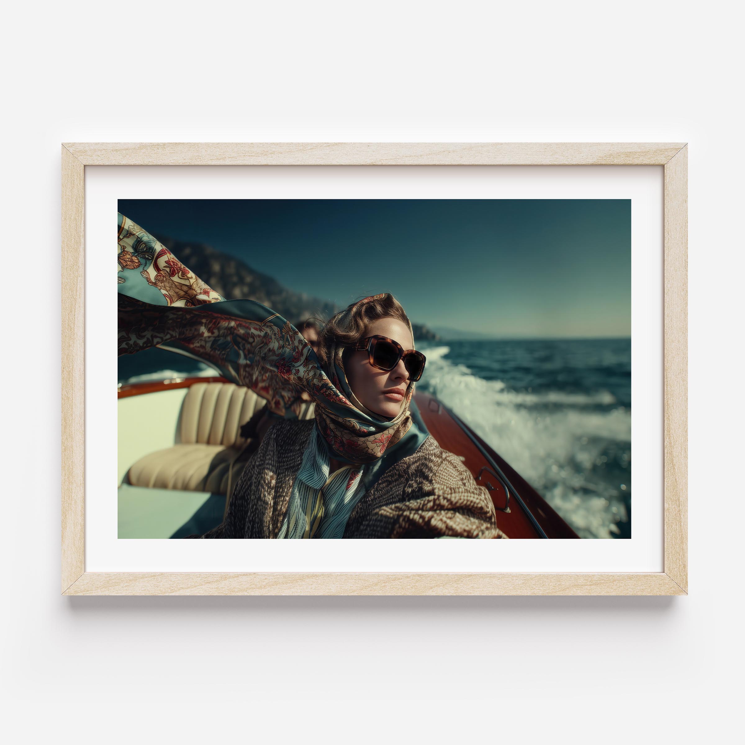 Framed artwork of a person on a boat with a scenic background