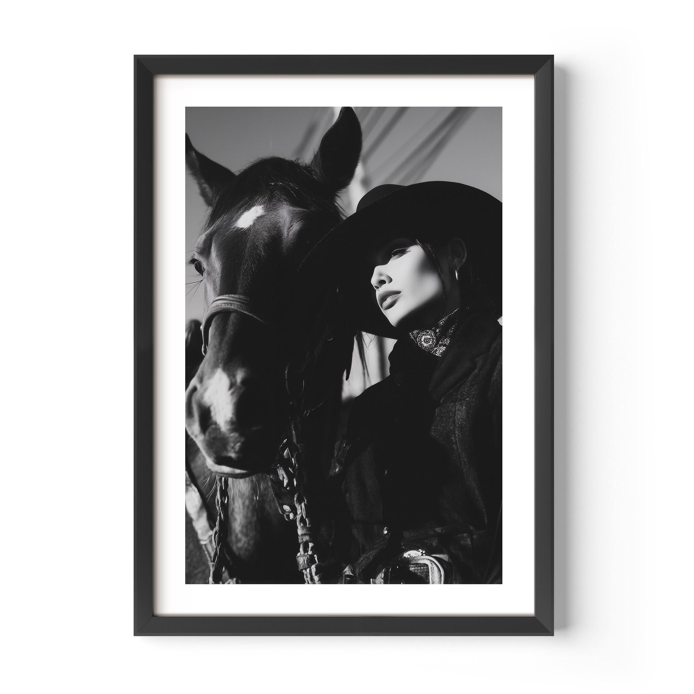 Elevate your space with Shadows of the West, a dramatic black-and-white cowboy and horse portrait. A timeless fine art print for western and equestrian enthusiasts.