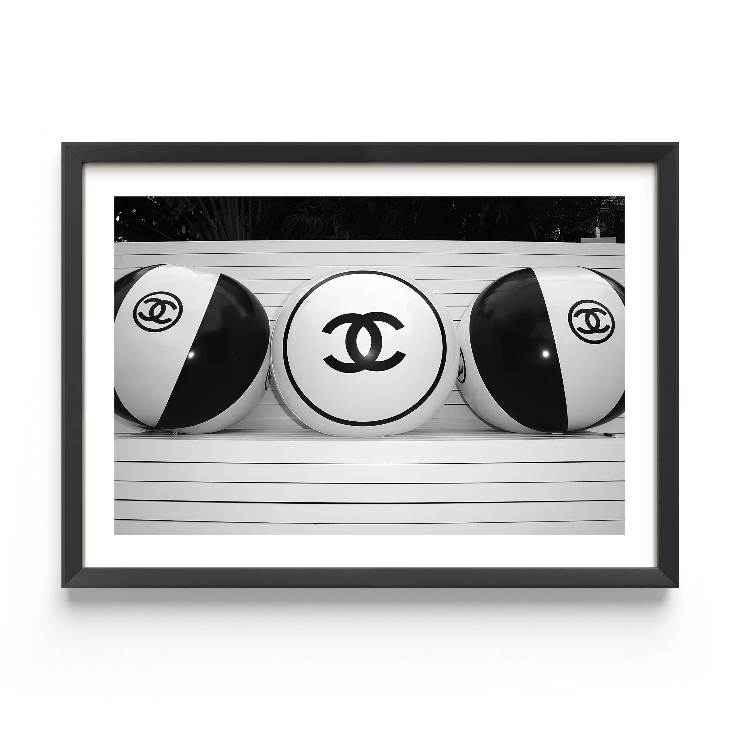 black and white poster with beach ball of chanel, wall art, fashion, interior design