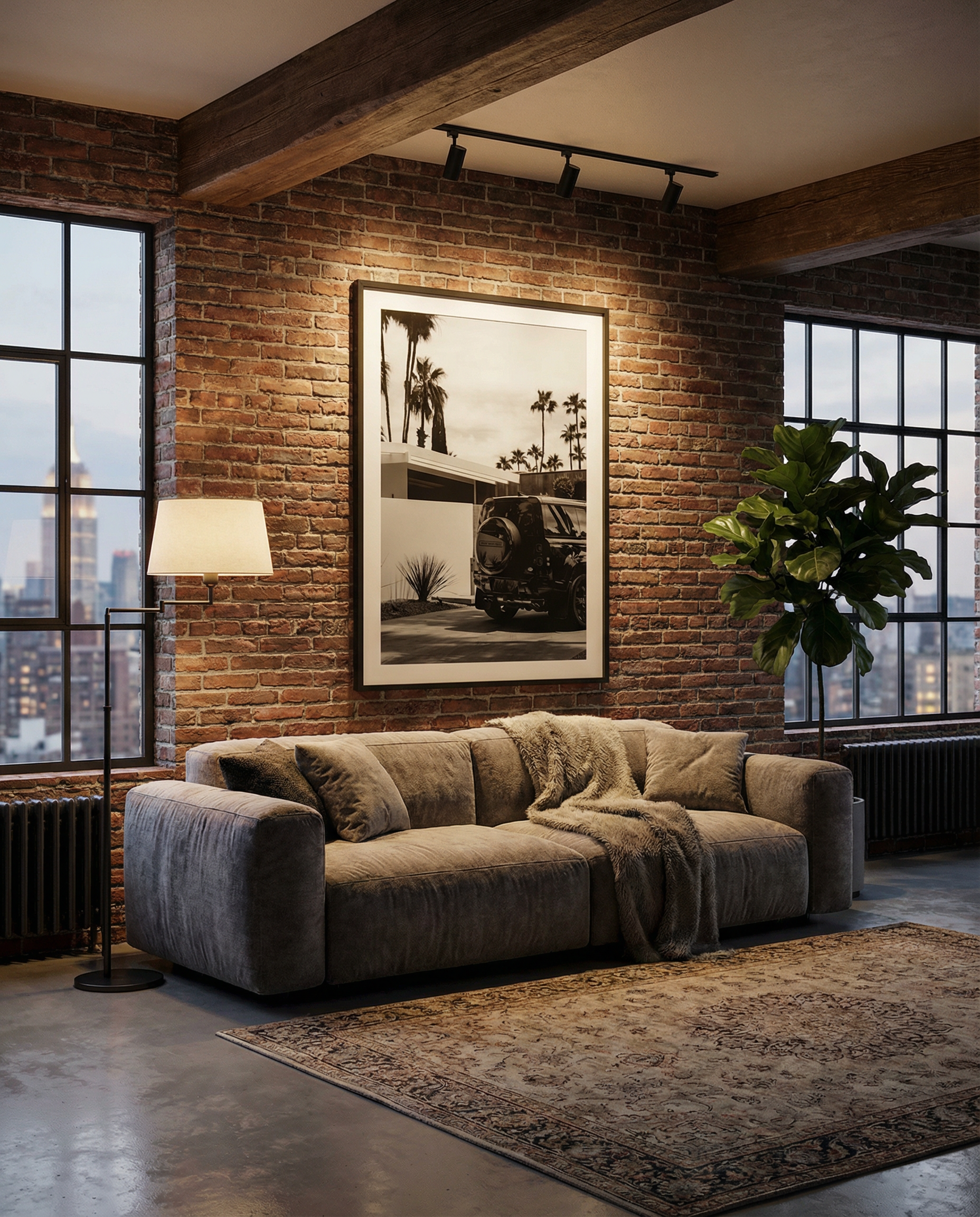 Black-and-white photo of a Land Rover Defender parked in a driveway beside a modern home, with tall palm trees and a bright sky in the background.