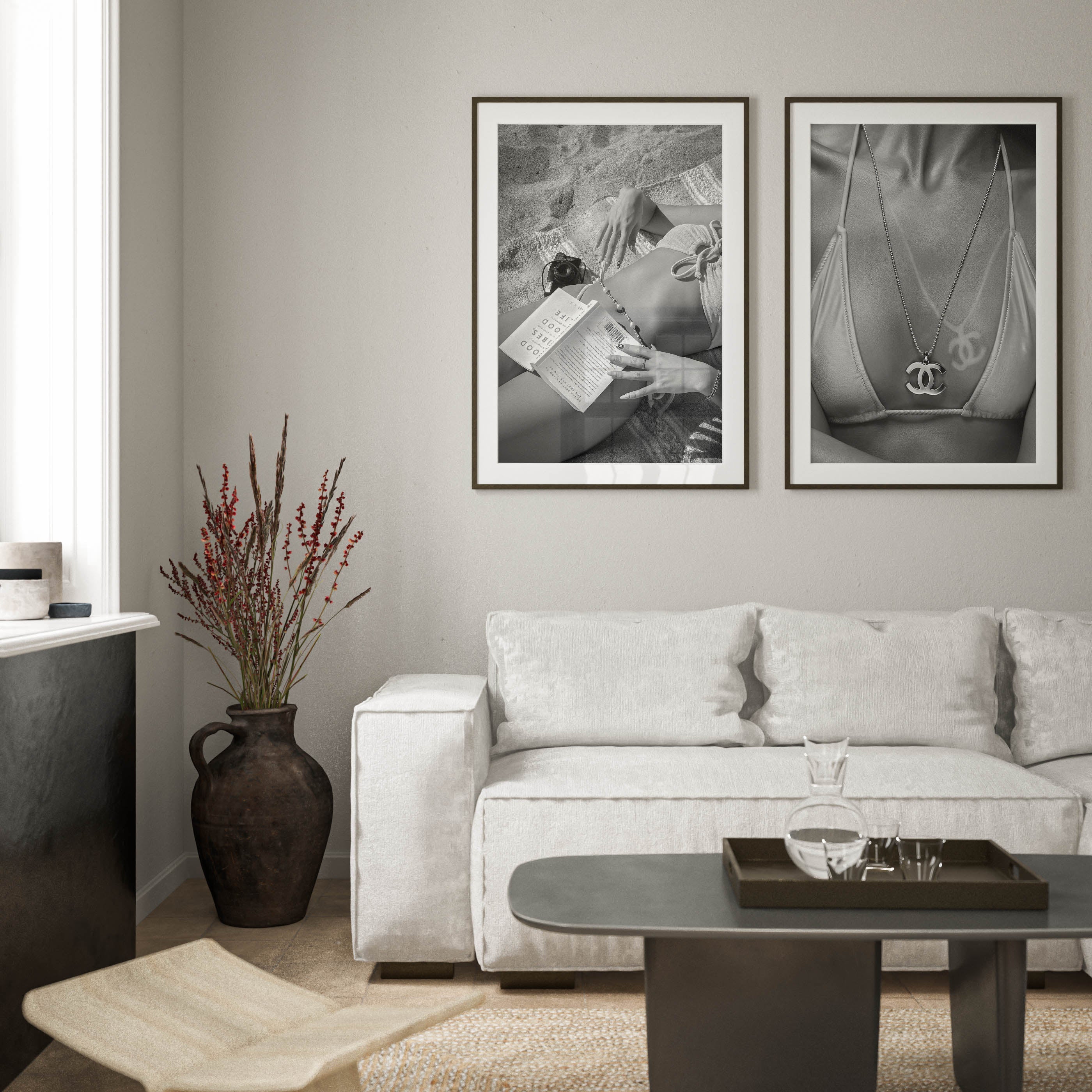 black and white poster, trendy beach wall art, reading, vintage, aesthetic, home decor