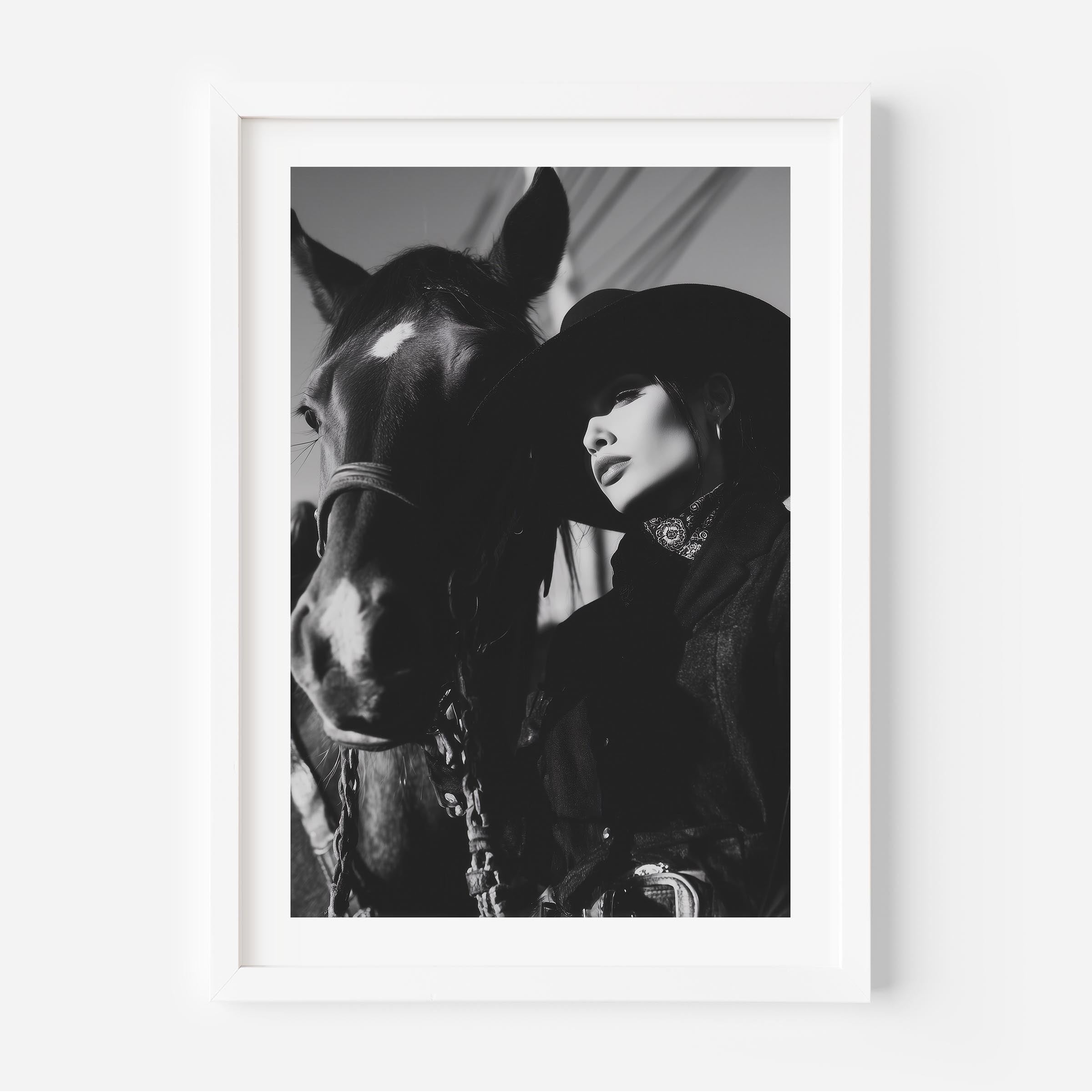 Elevate your space with Shadows of the West, a dramatic black-and-white cowboy and horse portrait. A timeless fine art print for western and equestrian enthusiasts.