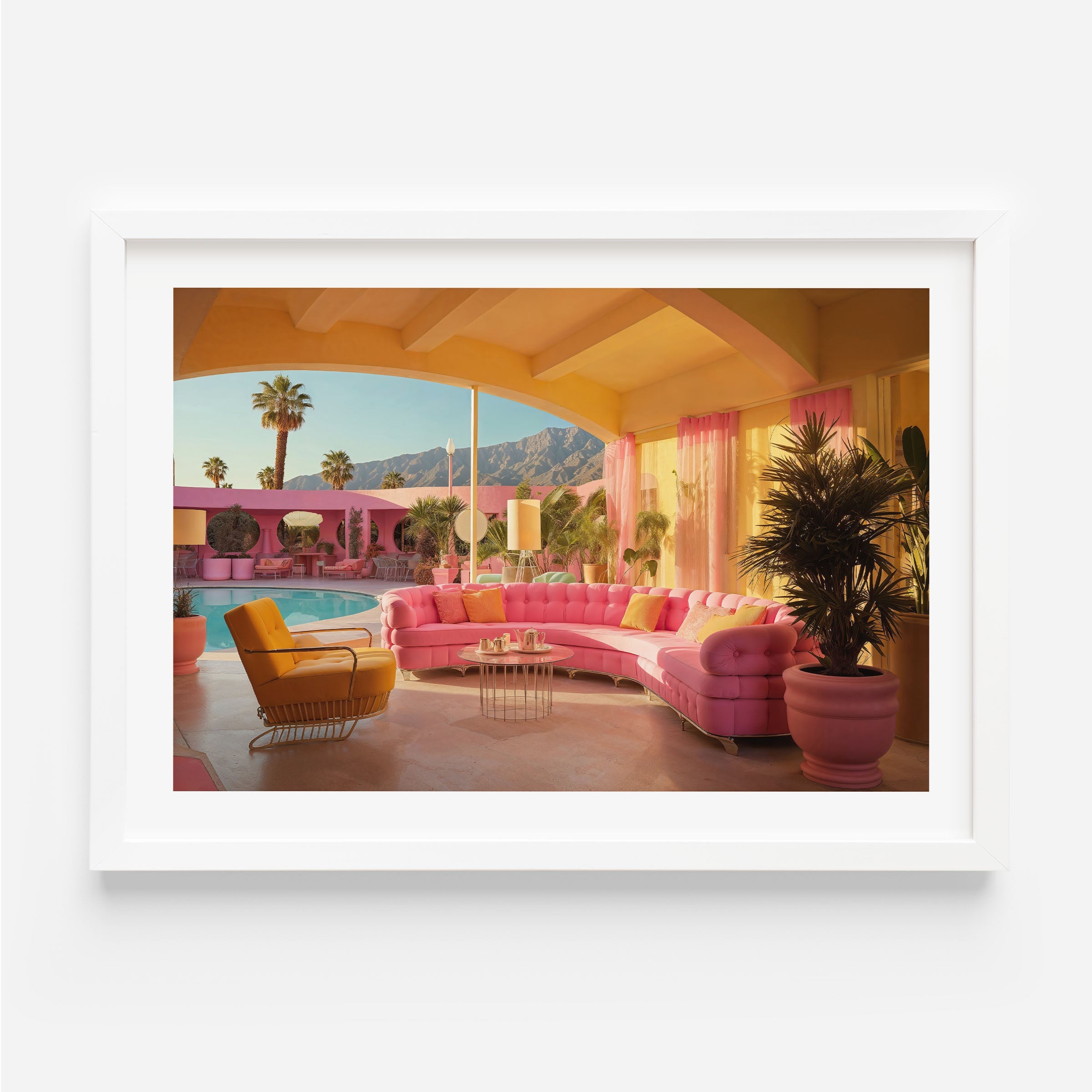 art print of a pink villa in palm springs inspired on the movie "barbie" wall art, posters, home decor, prints