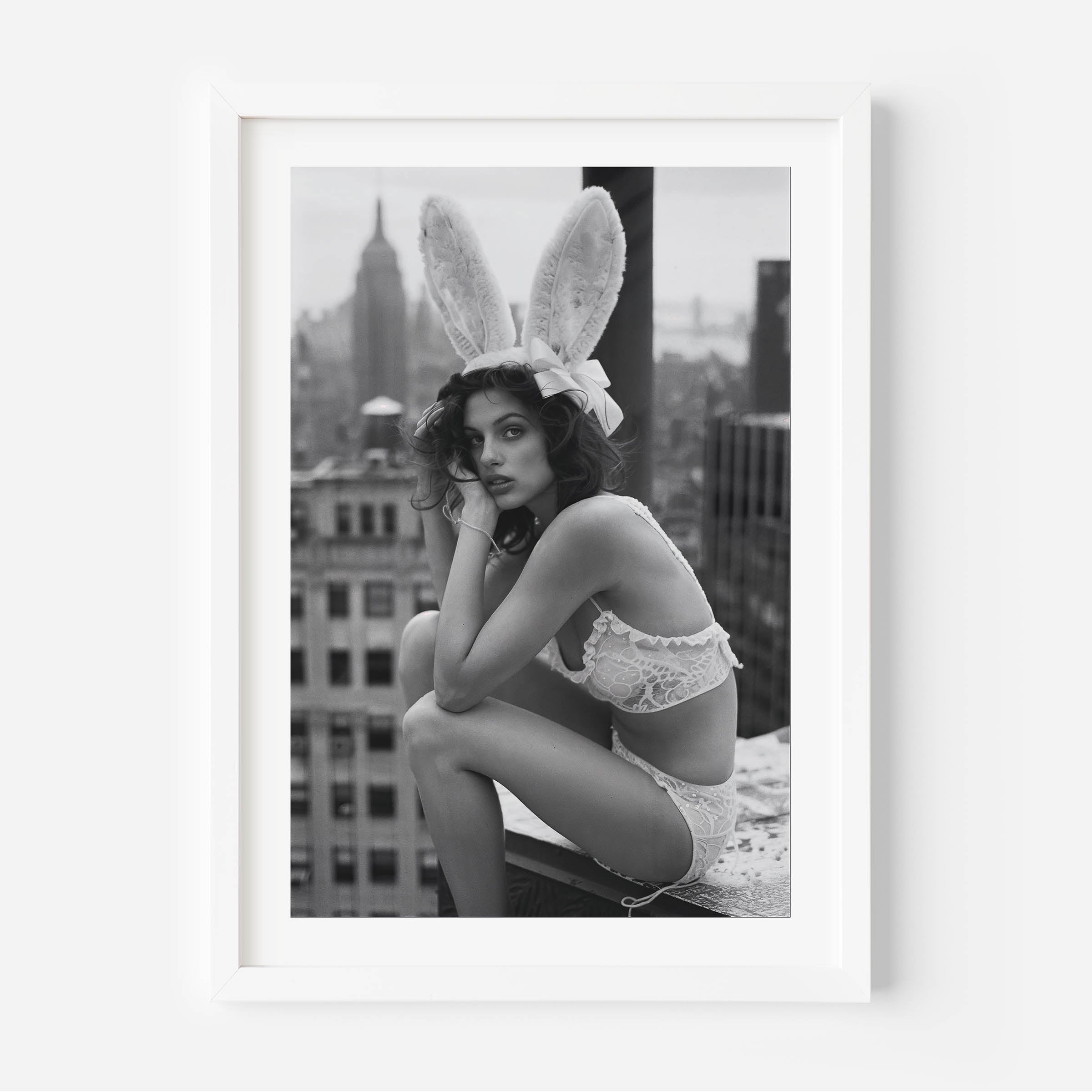 black and white poster of a playboy model on a new york rooftop, wall art, home decor