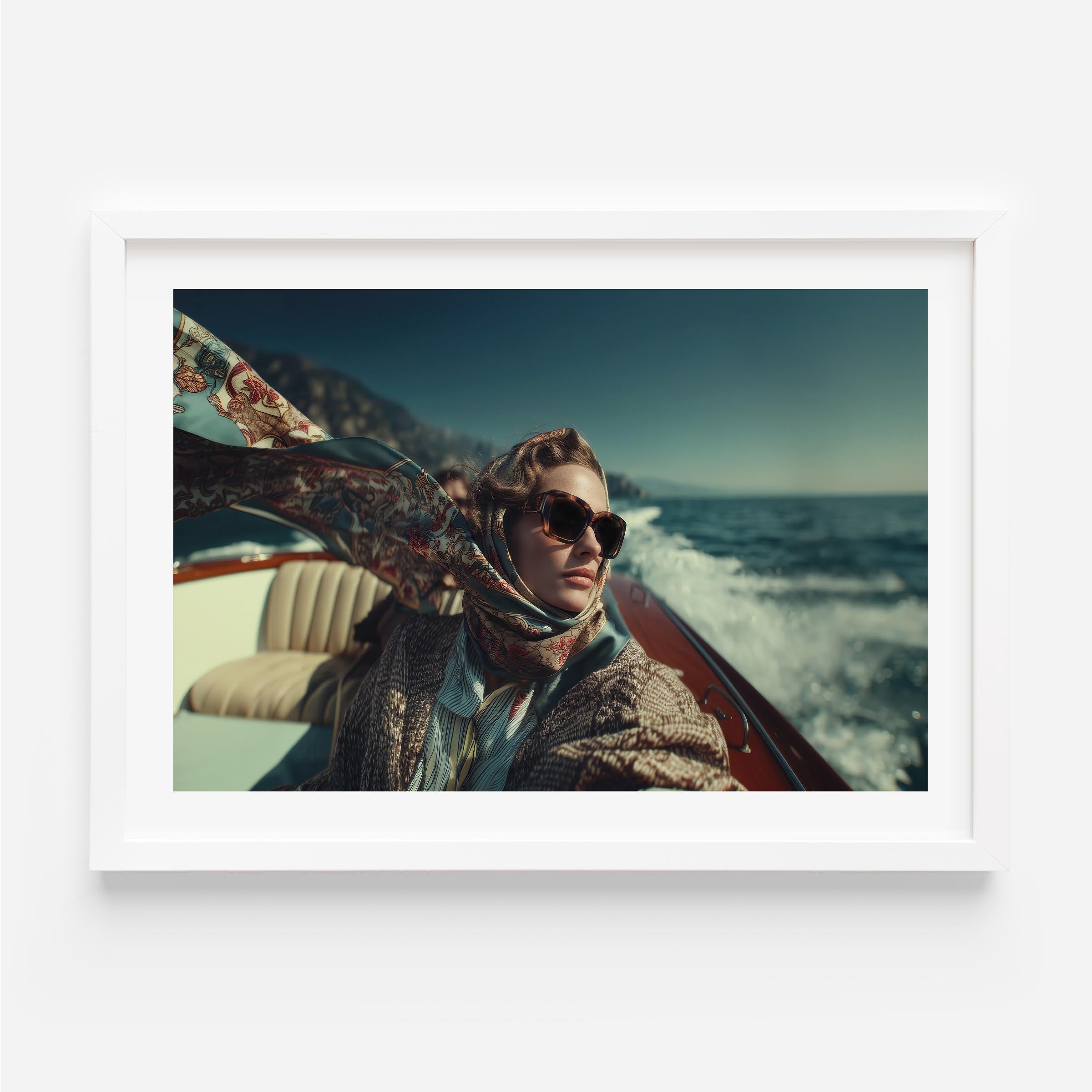 Person on a boat with scenic ocean view, framed photo