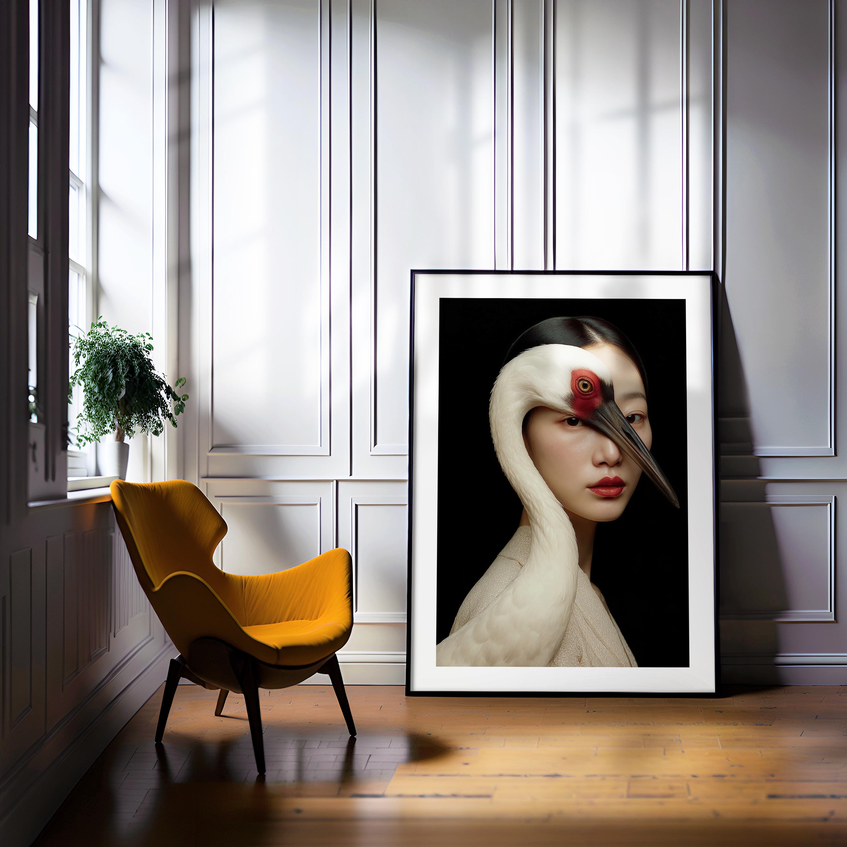 Framed artwork of a woman with a swan's head in a room with a yellow chair and window.